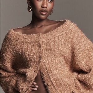 Anthropologie Metallic Tan Off-the-Shoulder Button Cardigan